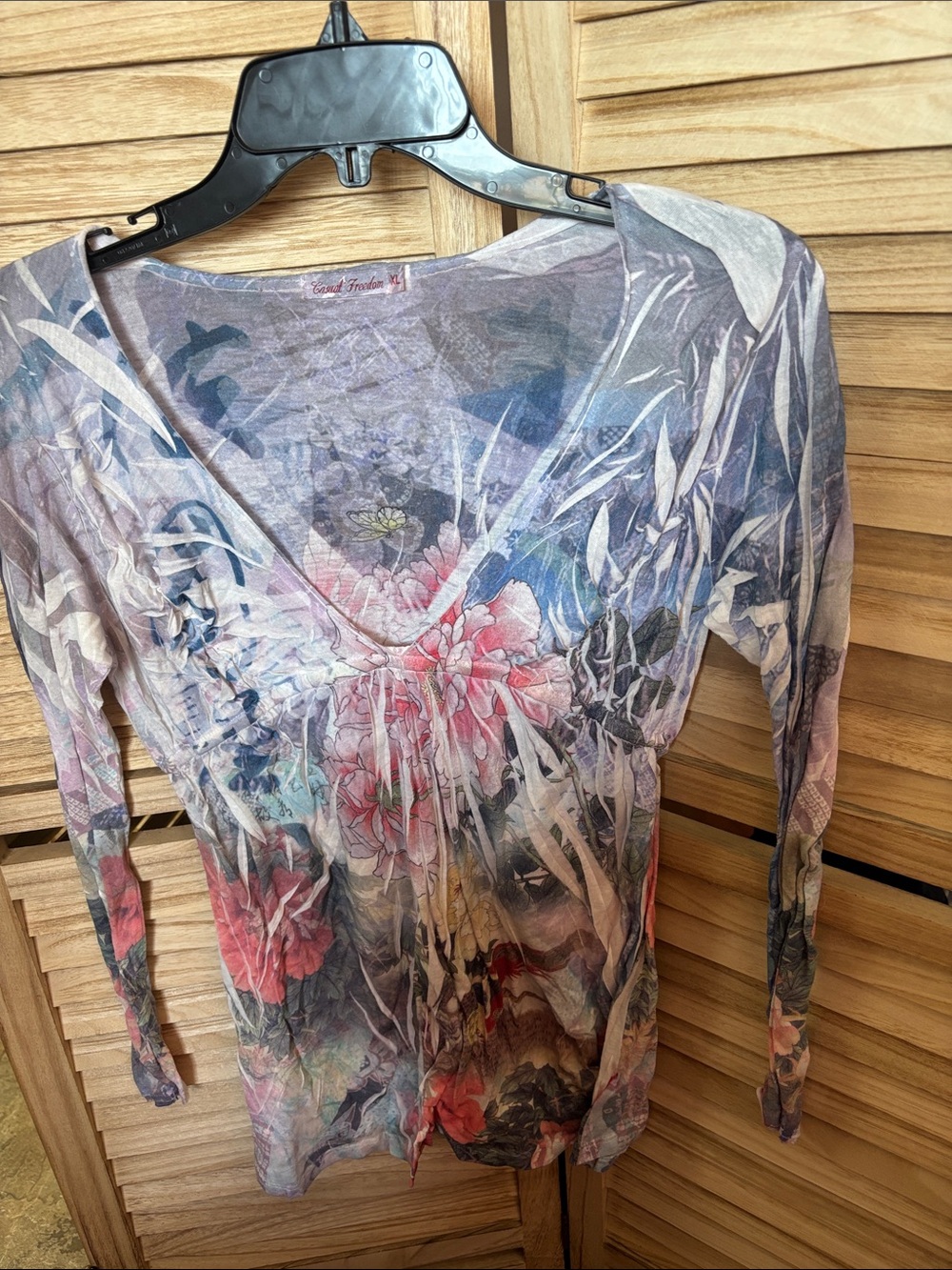 Casual Freedom Floral Deep V-Neck Long Sleeve Top - Multicolor XL